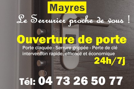 Ouverture de porte Mayres - Porte claquée Mayres - Porte fermée Mayres - serrure bloquée Mayres - serrure grippée Mayres